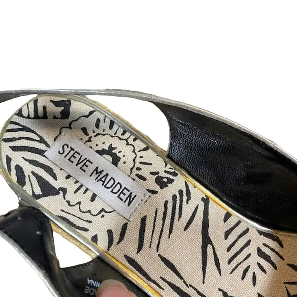 Steve Madden Women Metallic Silver Open Toe Ankle Espadrille Wedge Sandals Sz 10
